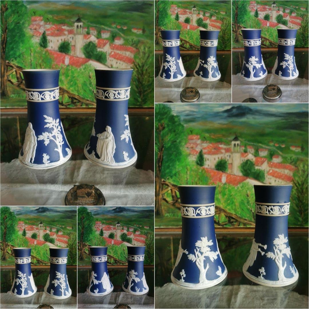 アンティーク英国 アダムスジャスパー カメオ技法 古ラッパ供物の女性像ペアベース