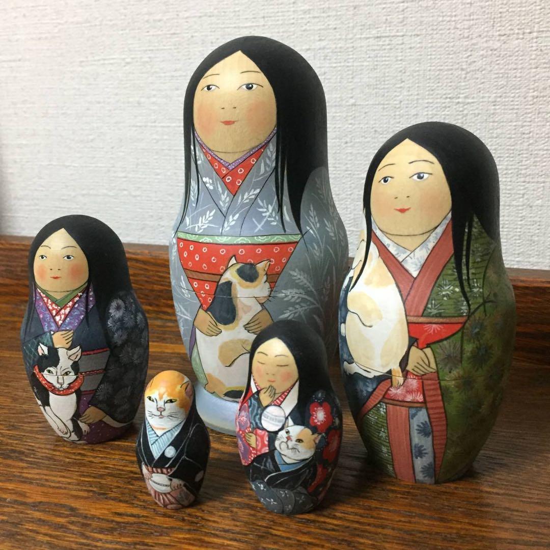 ひな祭りセール♪ロシア雑貨☆着物マトリョーシカ(5P)和風猫ボボワ作オマケ付き♪