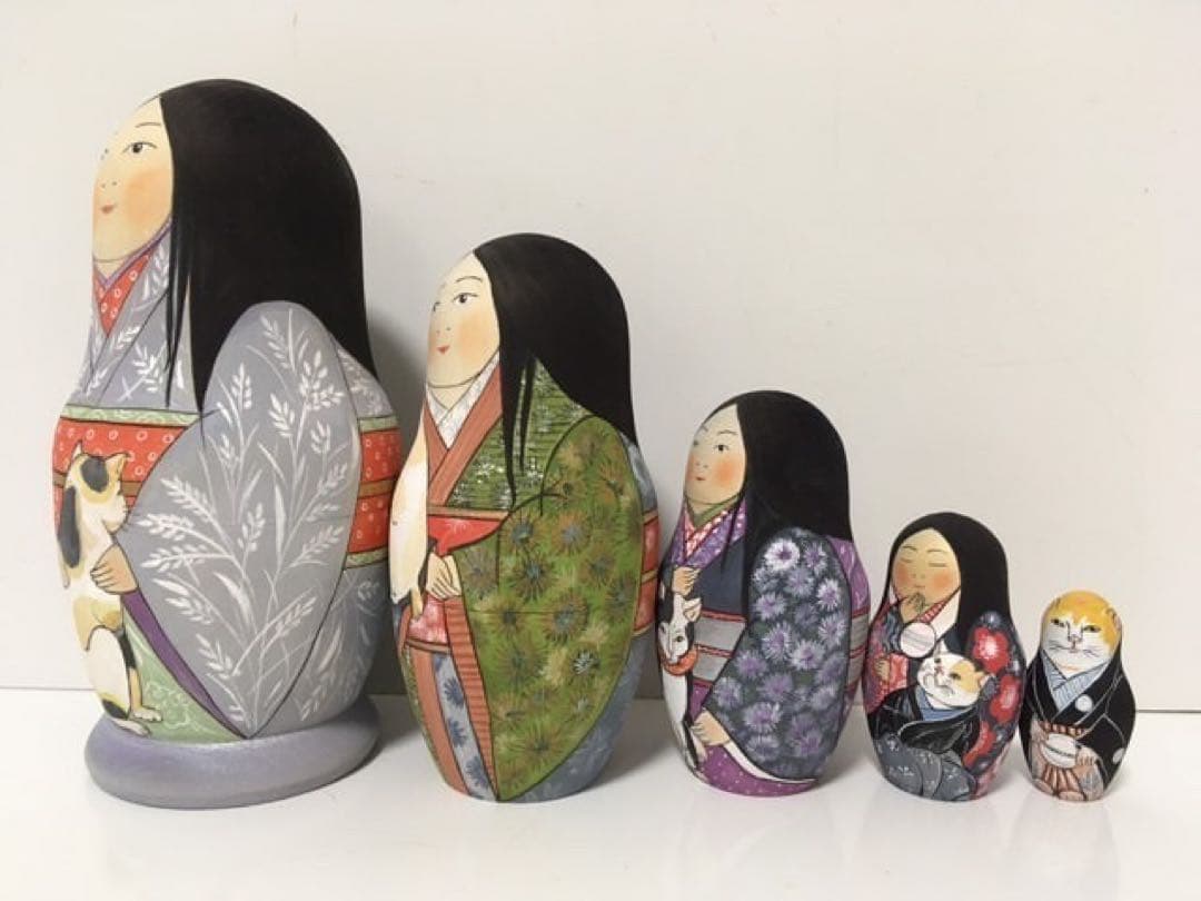 ひな祭りセール♪ロシア雑貨☆着物マトリョーシカ(5P)和風猫ボボワ作オマケ付き♪
