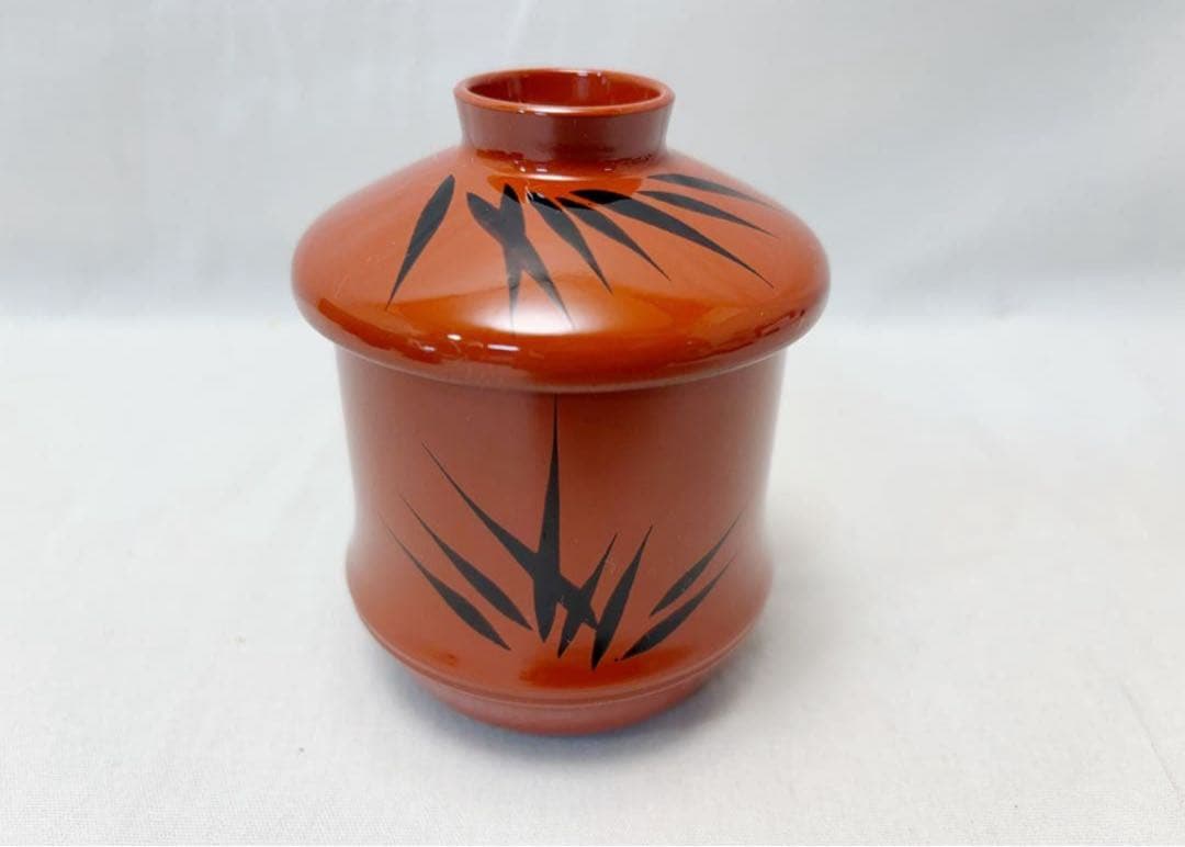 未使用 懐石道具 竹形朱塗箸洗 十客揃 黒竹蒔絵 内黒 和食器 小吸物椀 元箱