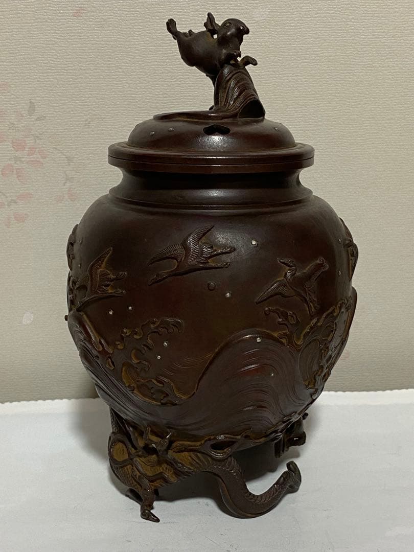 ♦蝋型細密鋳金 象嵌 波乗り兎 波千鳥文 波乗り龍足 香炉 唐金 美術品 骨董品