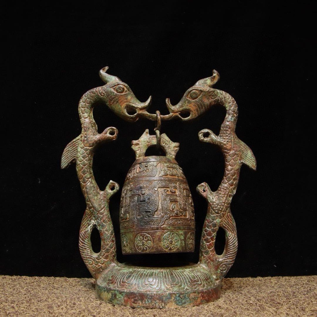 縁起物　古美術　双龍吊鐘 青銅製置物 インテリア　時代物
