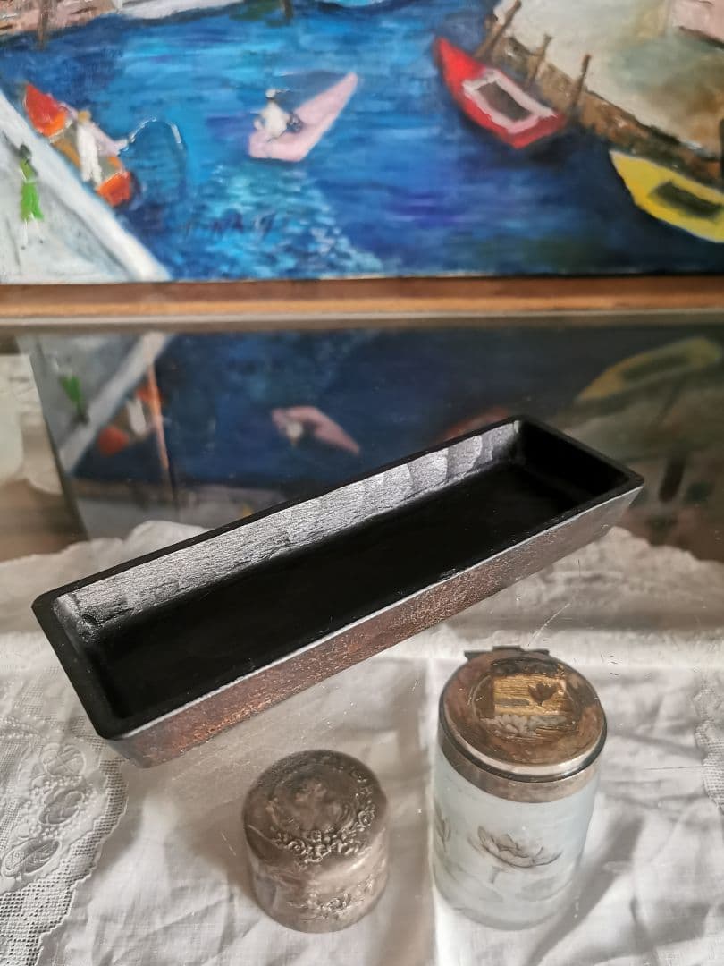 三谷龍二 黒漆 端正な細長深皿 角皿 木彫り漆塗り 美しいノミの目跡 作家物