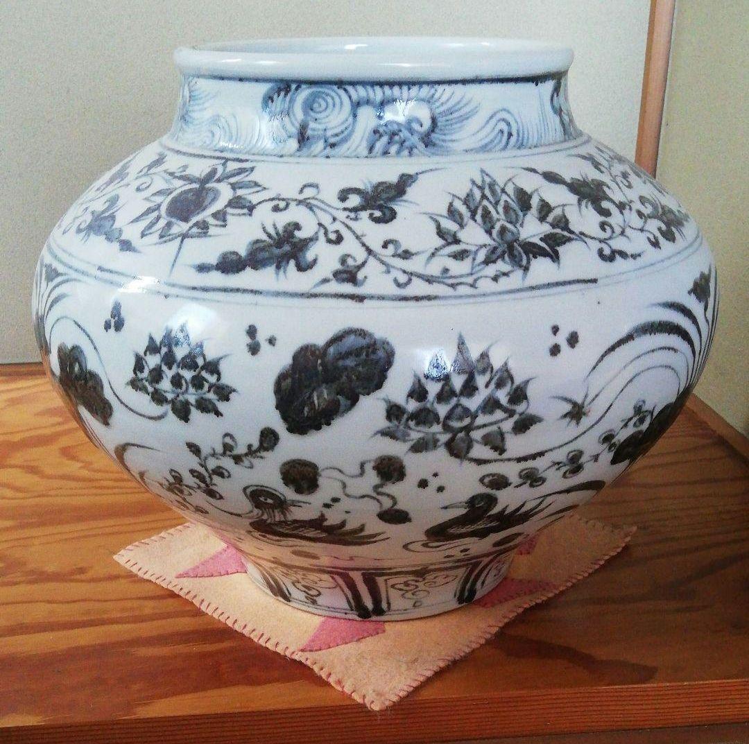 最終値下げ　中国骨董貴重陶芸　中国陶磁器を代表する元染付といわれる蓮と水鳥図大缶