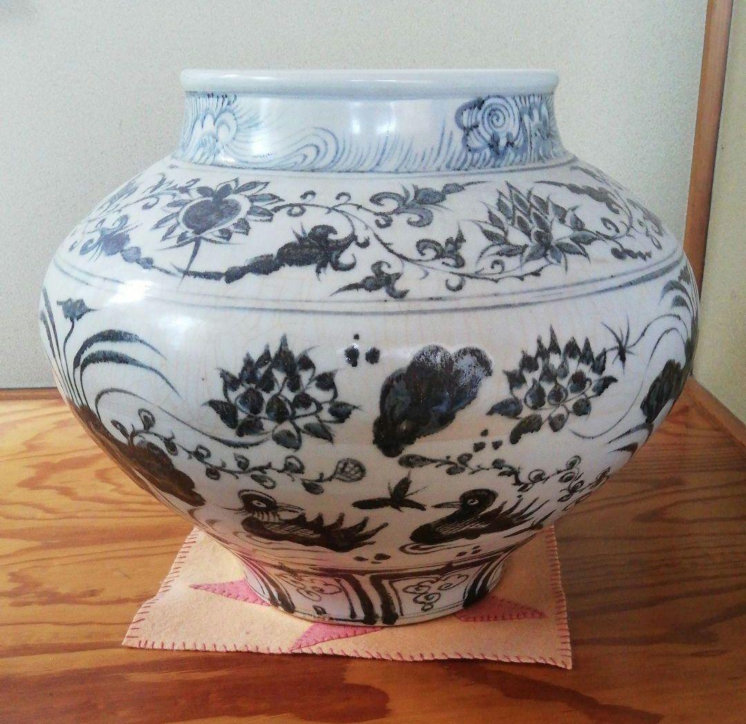 最終値下げ　中国骨董貴重陶芸　中国陶磁器を代表する元染付といわれる蓮と水鳥図大缶