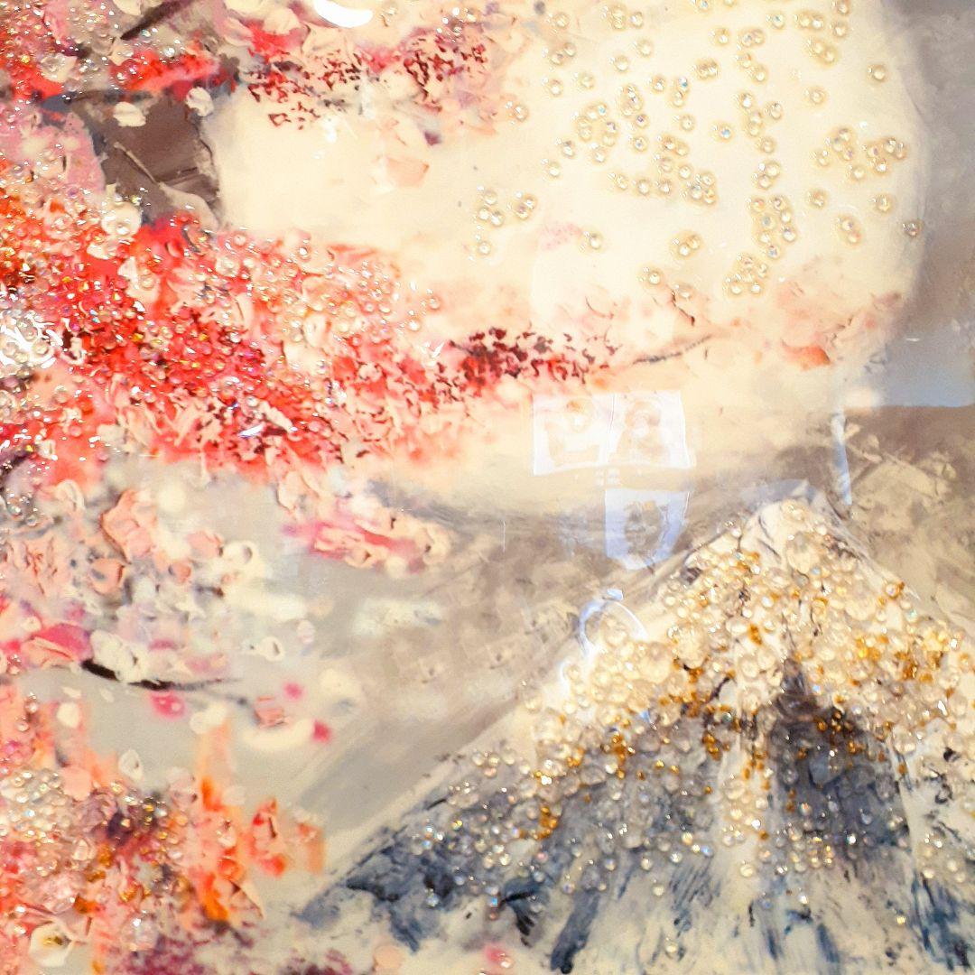 輸入雑貨　クリスタルアート　『月下の富士山と桜』　水晶石　フレーム付き