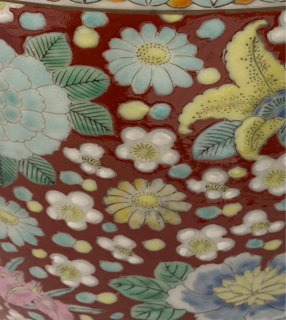 B182s  十錦手「花尽くし火鉢」菊・梅・牡丹　手焙り　鉢カバー　七宝繋文