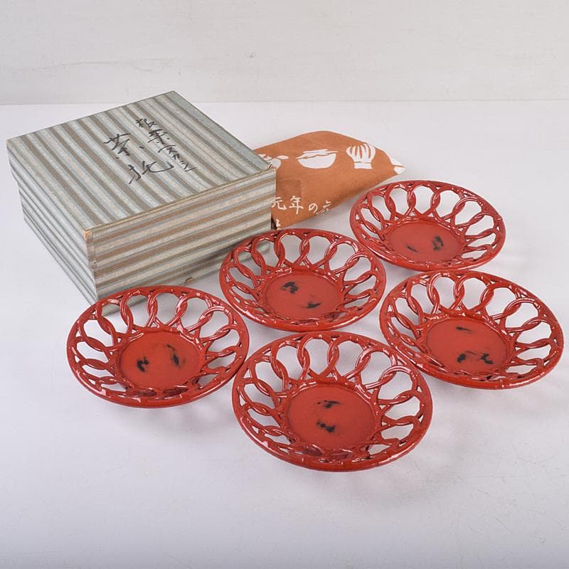 煎茶道具　根來塗　透かし茶托　五客　V　R8874