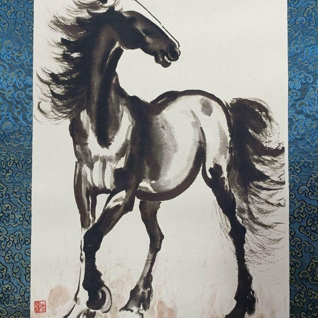 徐悲鴻《奔馬図》 四条屏　証書付き　掛軸セット　38×180