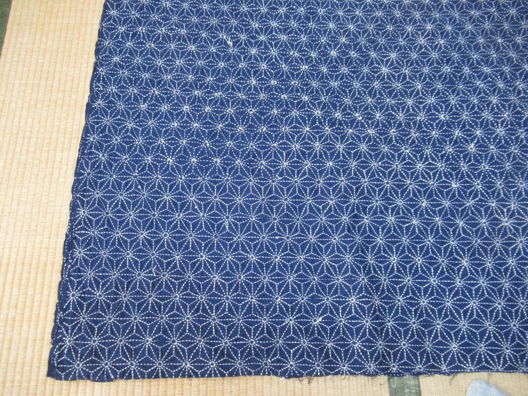 未使用1940年頃◆縦長4m34cm、横1m6cm 木綿藍染『麻の葉模様』刺し子