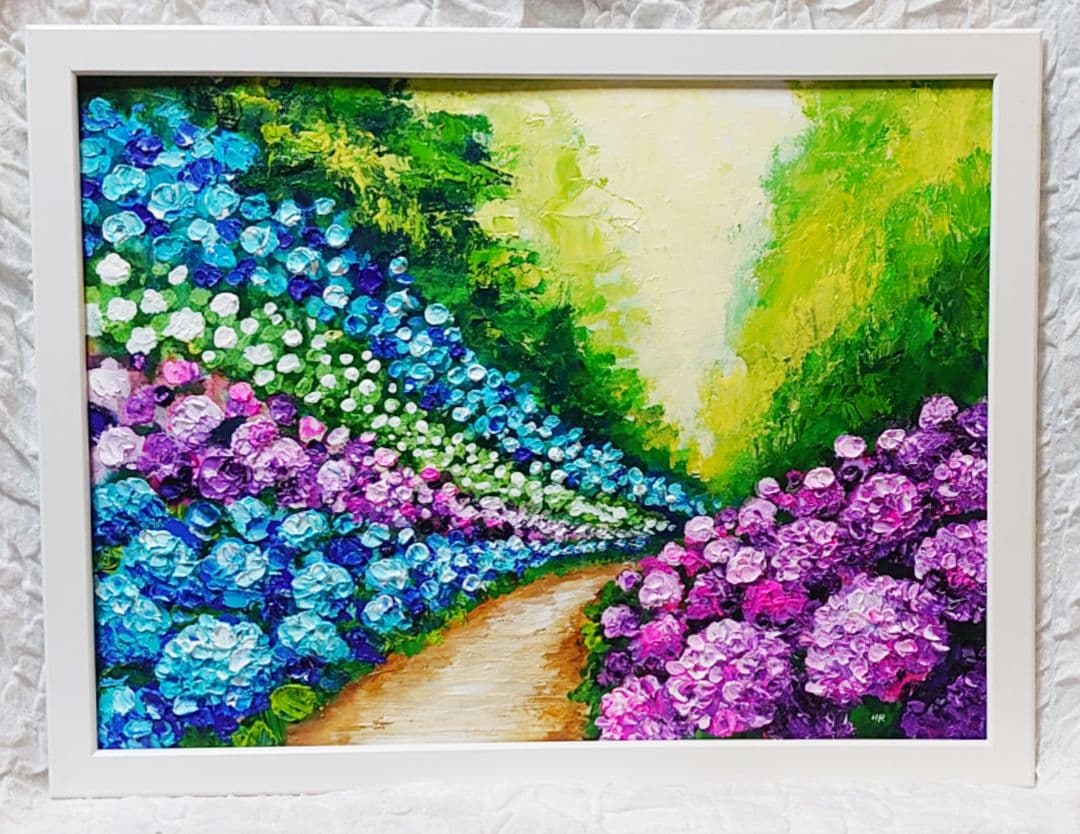 油絵 絵画【あじさいの道】