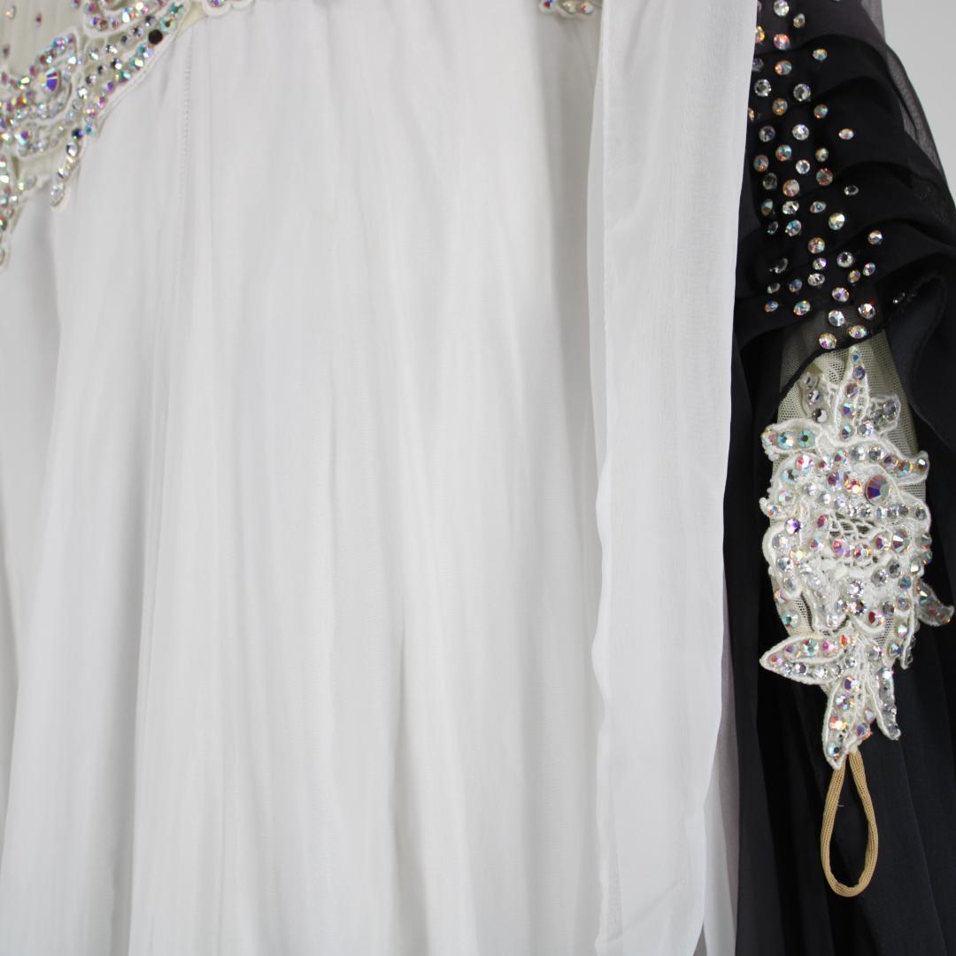 【美品 社交ダンス衣装】ホワイト×豪華フロート ワンピース ドレス ブラック