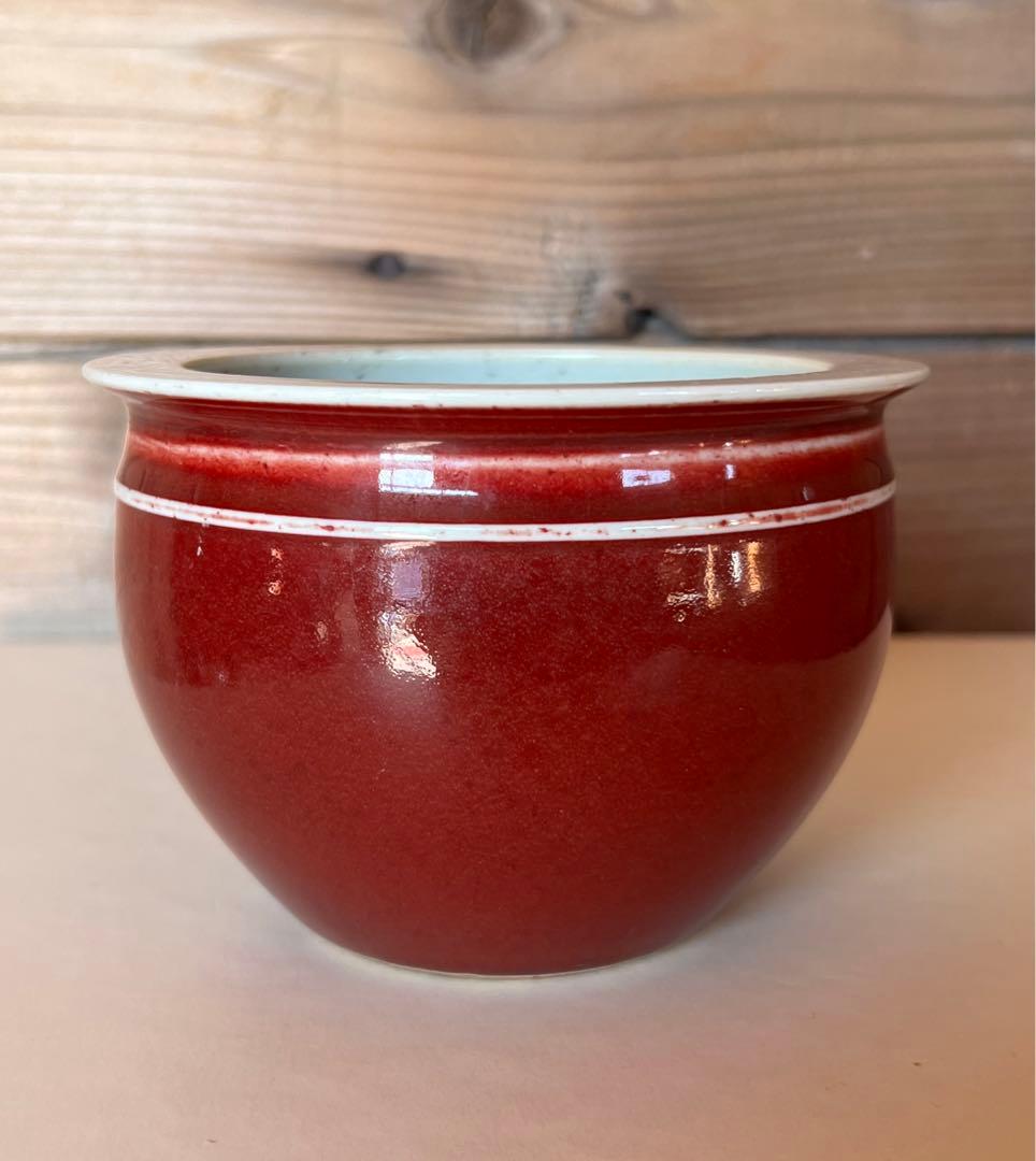 極上 /赤珊瑚釉•紅釉小卷缸/【大清乾龍年製】在銘/中国 古美術；XG-0