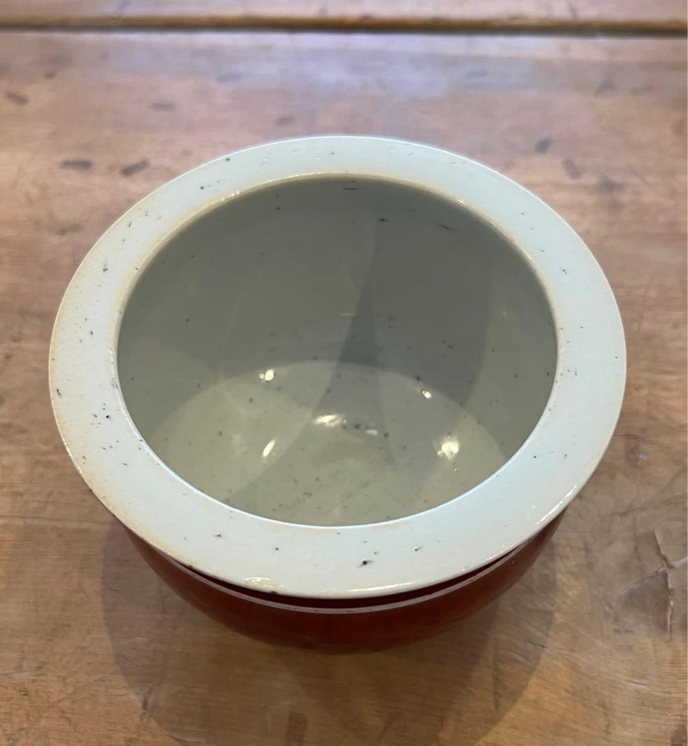 極上 /赤珊瑚釉•紅釉小卷缸/【大清乾龍年製】在銘/中国 古美術；XG-0