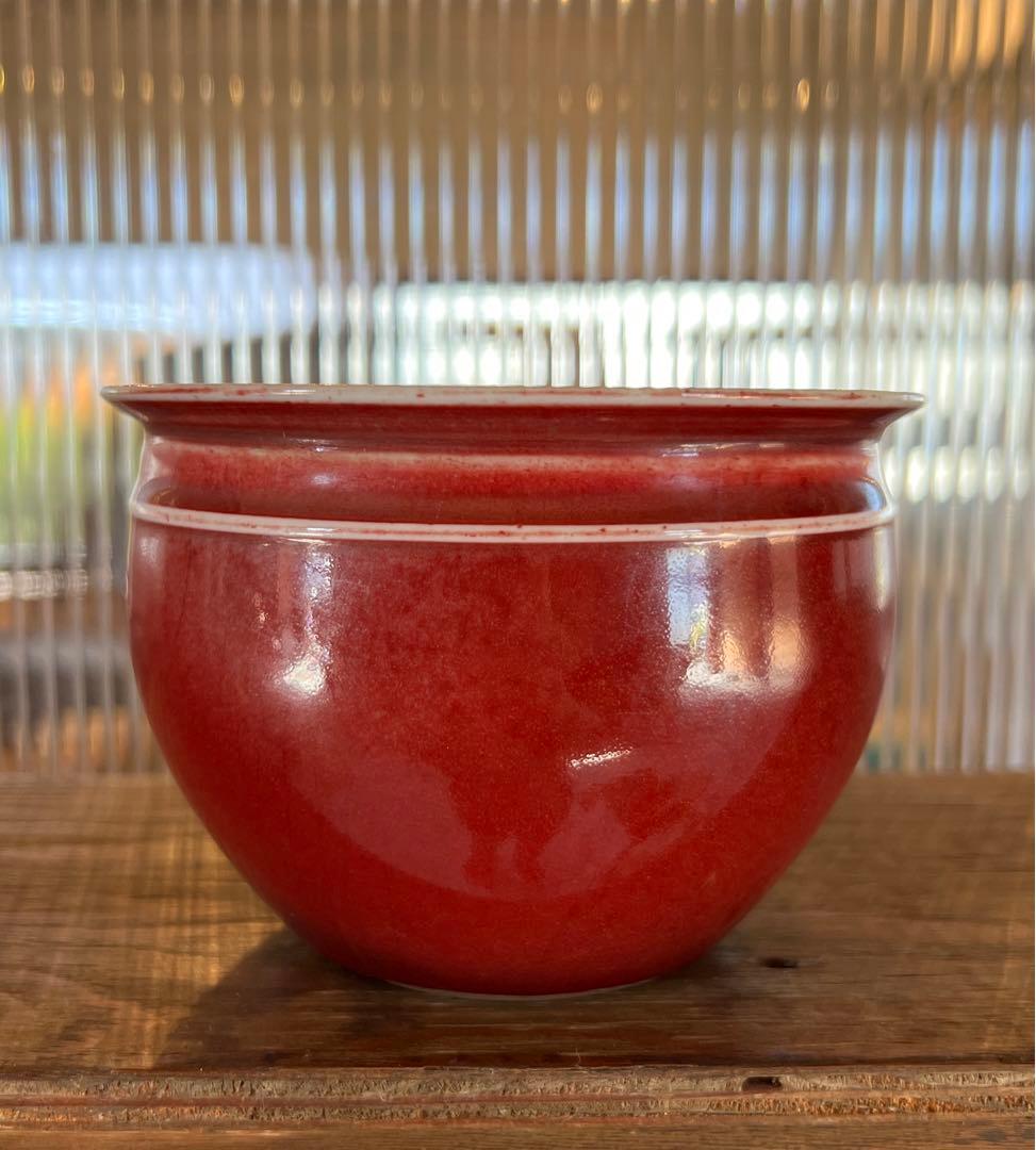 極上 /赤珊瑚釉•紅釉小卷缸/【大清乾龍年製】在銘/中国 古美術；XG-0