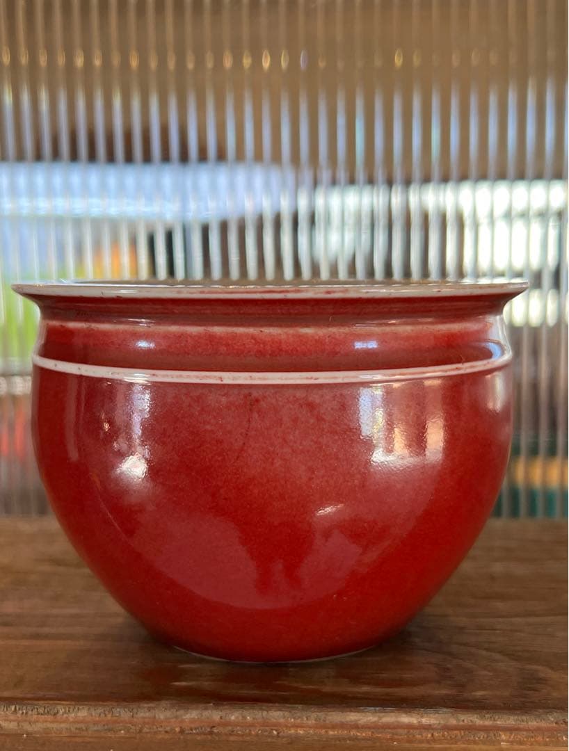 極上 /赤珊瑚釉•紅釉小卷缸/【大清乾龍年製】在銘/中国 古美術；XG-0