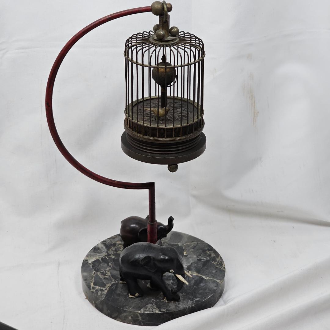 【超希少】戦前 レトロ ゼンマイ式 置時計 象 鳥かご 飾り物 ギミック時計