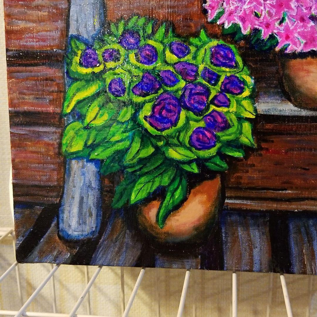 油絵　ゆうみ　はしごに置いた鉢花