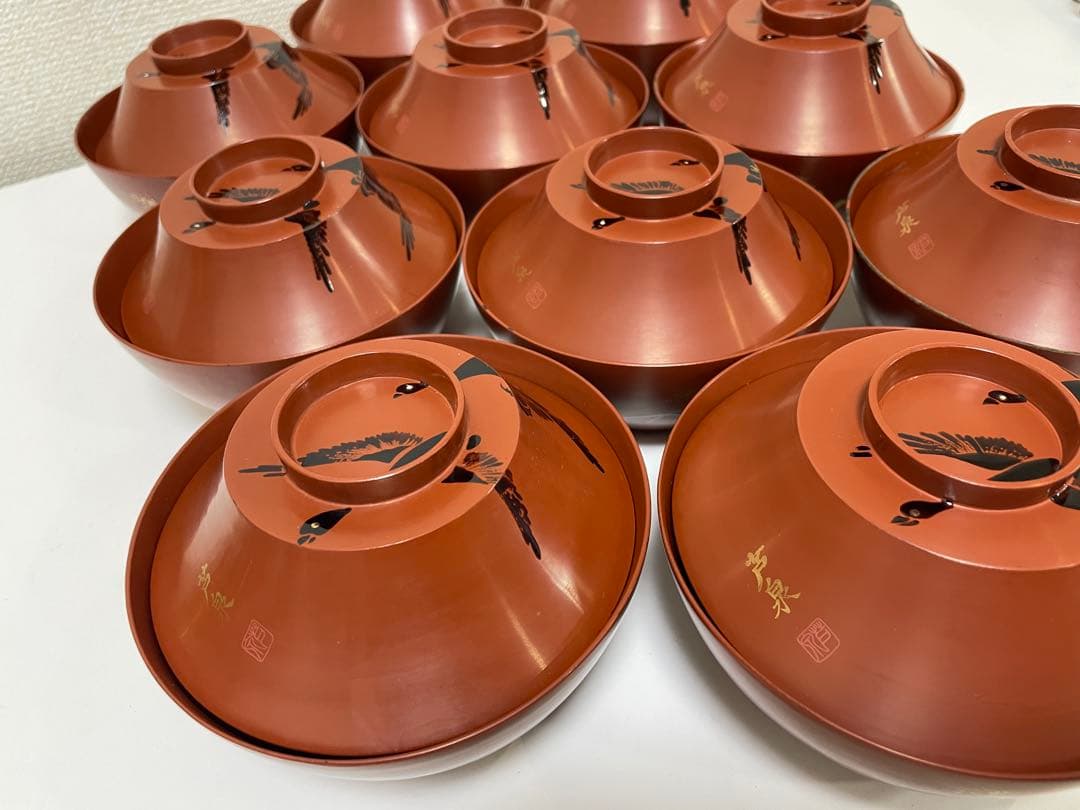 漆器 懐石道具 芦泉謹製 木製溜塗 雑煮椀 吸物椀 10客揃 内朱 鶴 鳥柄