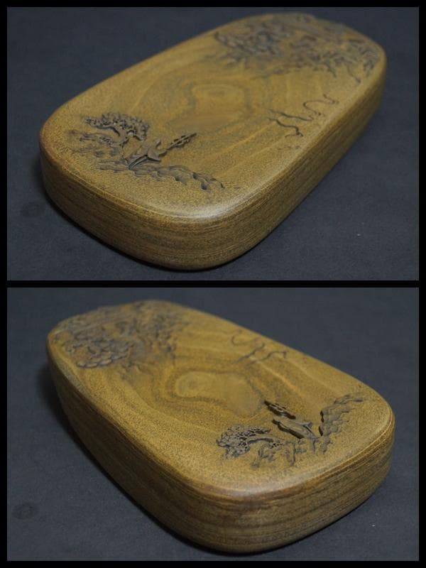 書道硯 歙州硯 魚子紋硯 細工彫り『仏の道』硯 すずり★美品★