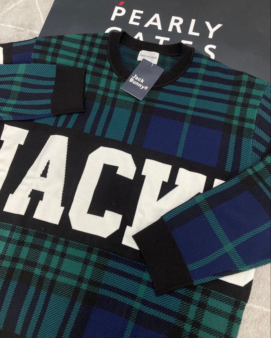 新品 パーリーゲイツ ジャックバニー チェック切替 Wジャガード ニット5L緑