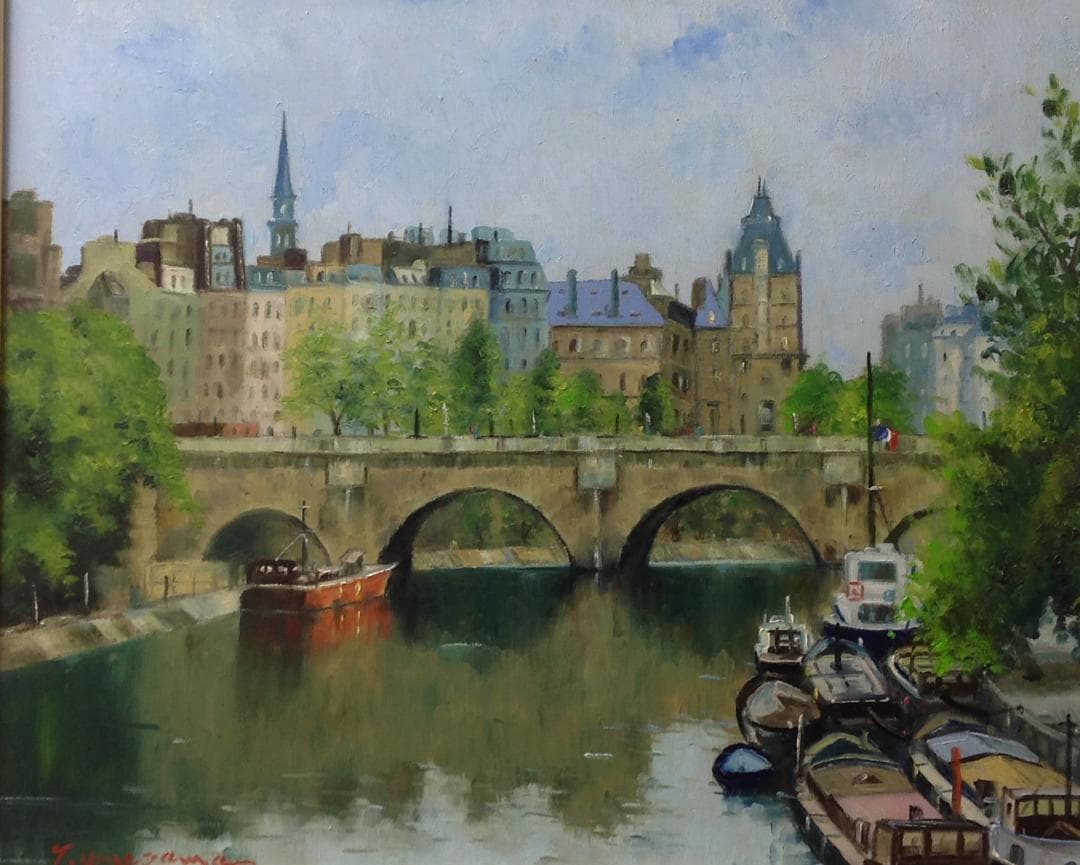 絵画 梅沢民雄 肉筆油絵 風景画 水辺 パリ セーヌ河