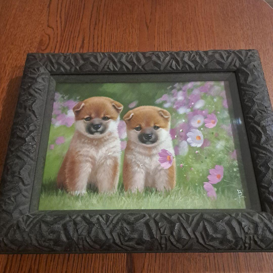 油彩画　長岡卓 「お兄ちゃんと　はい、ポーズ」 額付き　直筆サイン入り