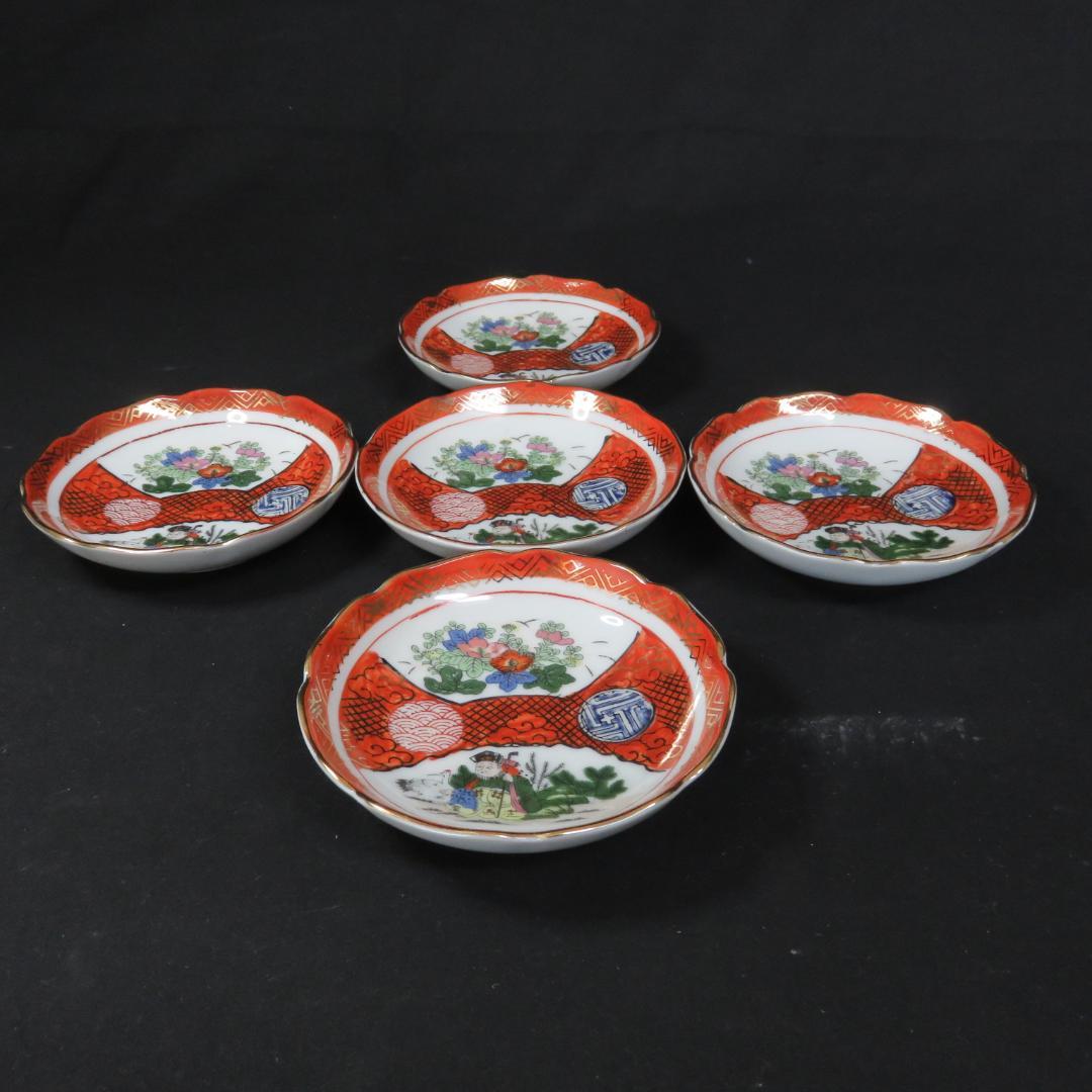 九谷 小皿 5枚 色絵付 金彩 手塩皿 銘々皿 仙人 鶴 明治