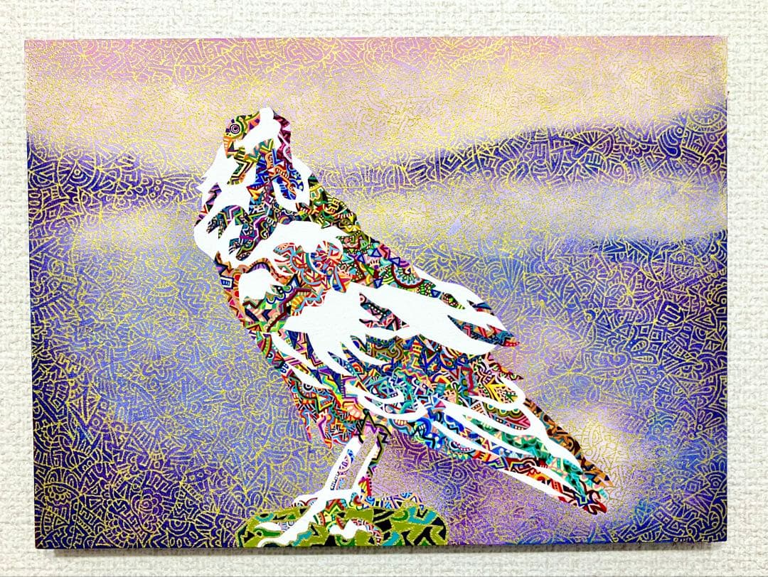 値下げ　原画　カラス　鳥　動物画　絵画　アクリル画　現代アート　細密画　一点物