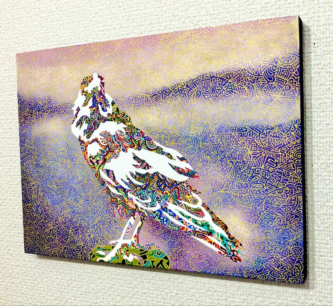 値下げ　原画　カラス　鳥　動物画　絵画　アクリル画　現代アート　細密画　一点物
