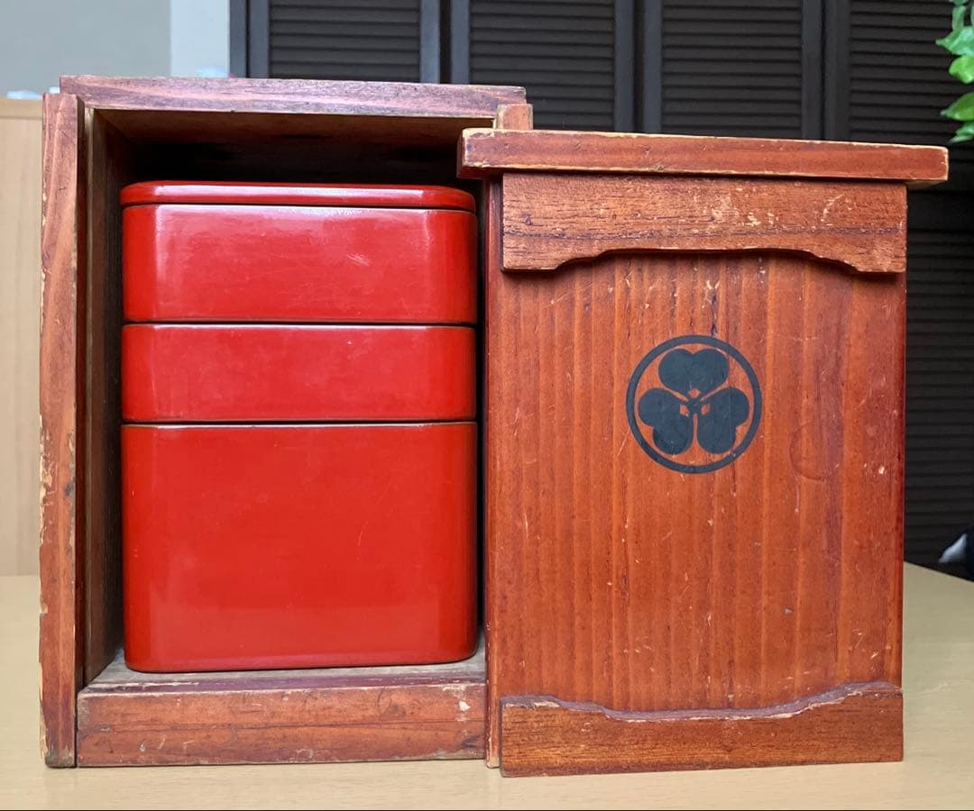 文久(幕末 )墨書木箱＋朱塗三段重箱 家紋入り｜古道具