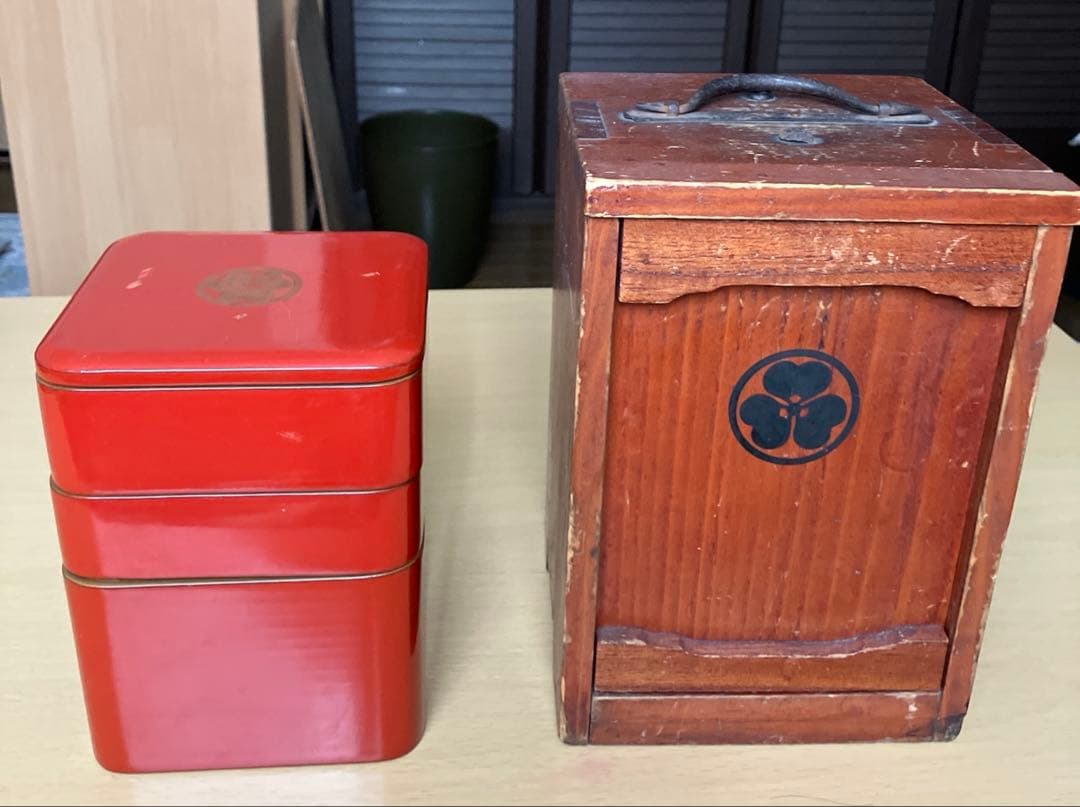 文久(幕末 )墨書木箱＋朱塗三段重箱 家紋入り｜古道具