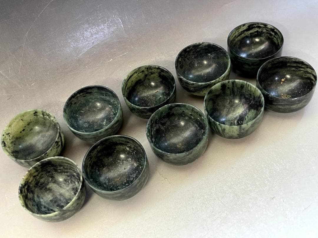 猪口■緑石彫り 酒盃 酒泉 唐物 漆册中国 酒器 ぐい呑み 夜光盃 緑玉 古玩■