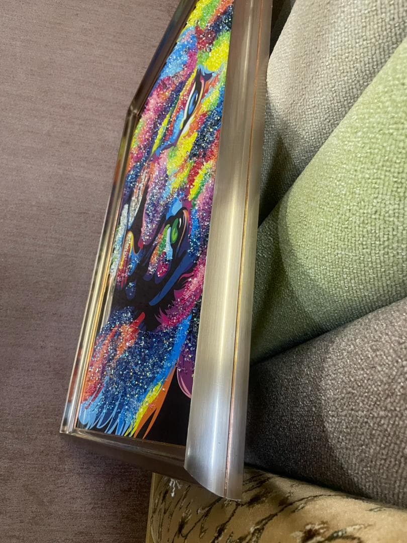 水晶絵　ライオン　幅80　カラフル　アニマル　アートパネル　絵画　ペイント　絵