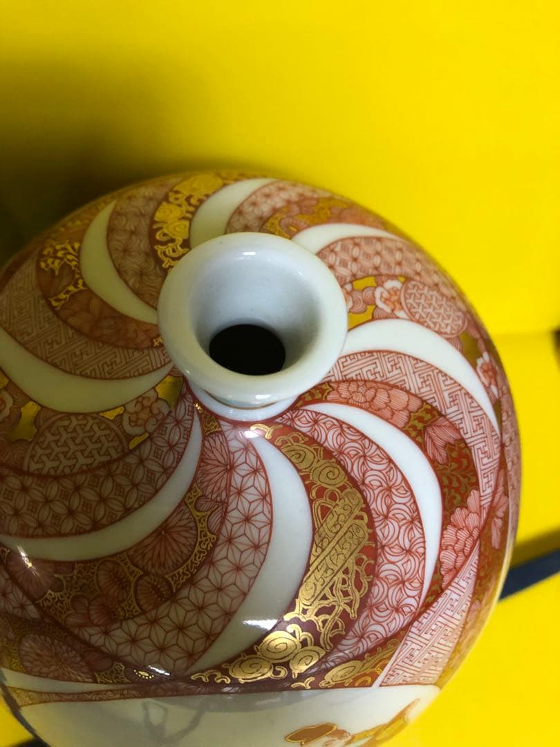 福島武山　九谷佐野窯　赤絵江戸まつり之図　飾り壺　赤絵細描