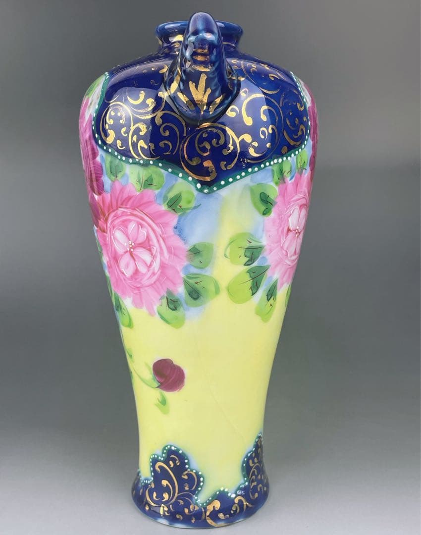 【希少】オールドニッポン 約２２．５cm アールヌーボー薔薇紋金盛りコバルト花瓶