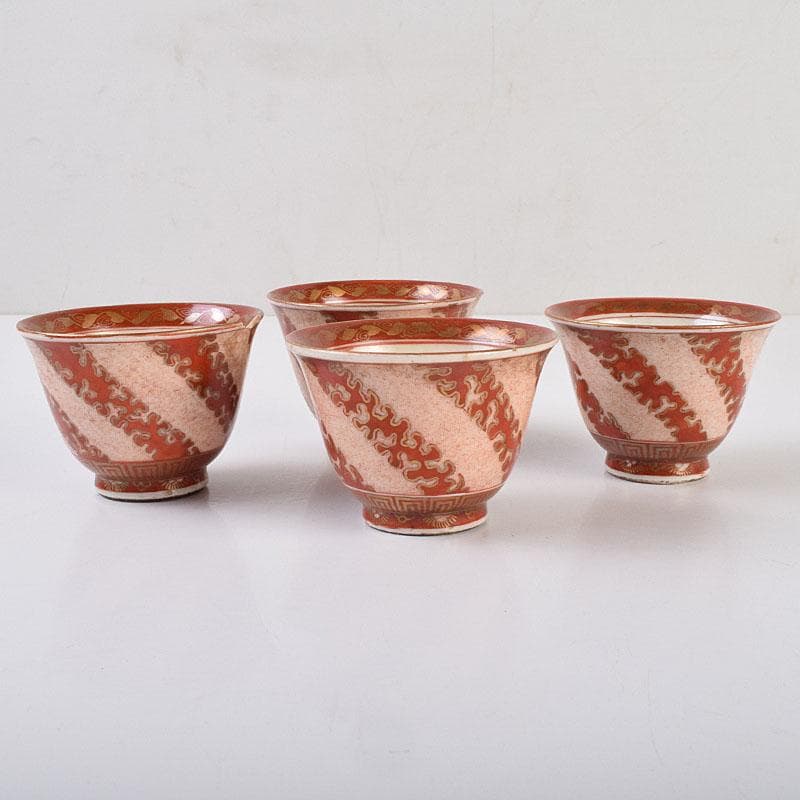九谷焼　九谷製　赤絵金彩　煎茶碗　盃　四客　V　R9177