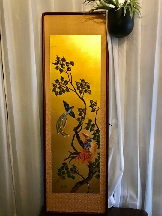 花街のお持ち物　枝木と鳳凰　138.5cmワイド　木枠　唐朝