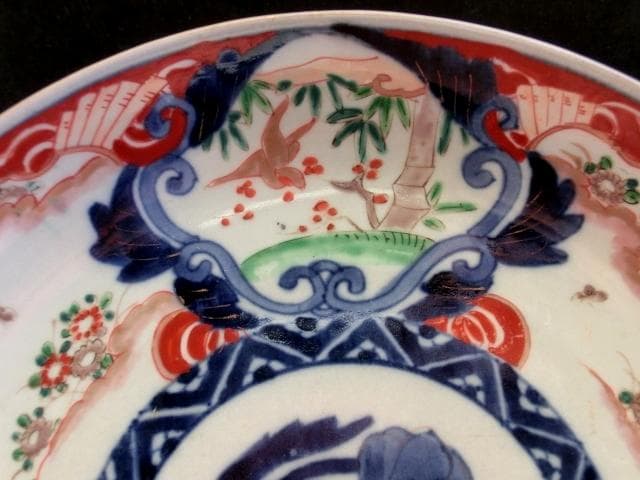 大皿■赤絵錦絵 窓松竹梅 花鳥紋(江戸後期～明治期)古伊万里 時代物 古い骨董■