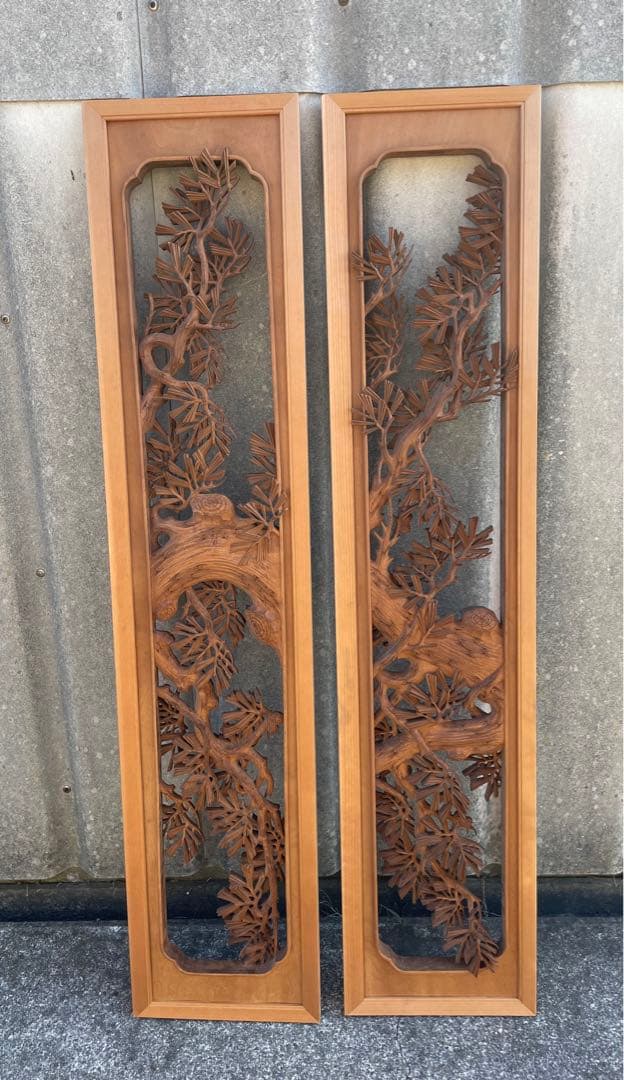 稀少/井波彫刻/栄二郎 刀/細密彫刻/両面彫刻/彫刻欄間/欄間/木彫/一対/2枚
