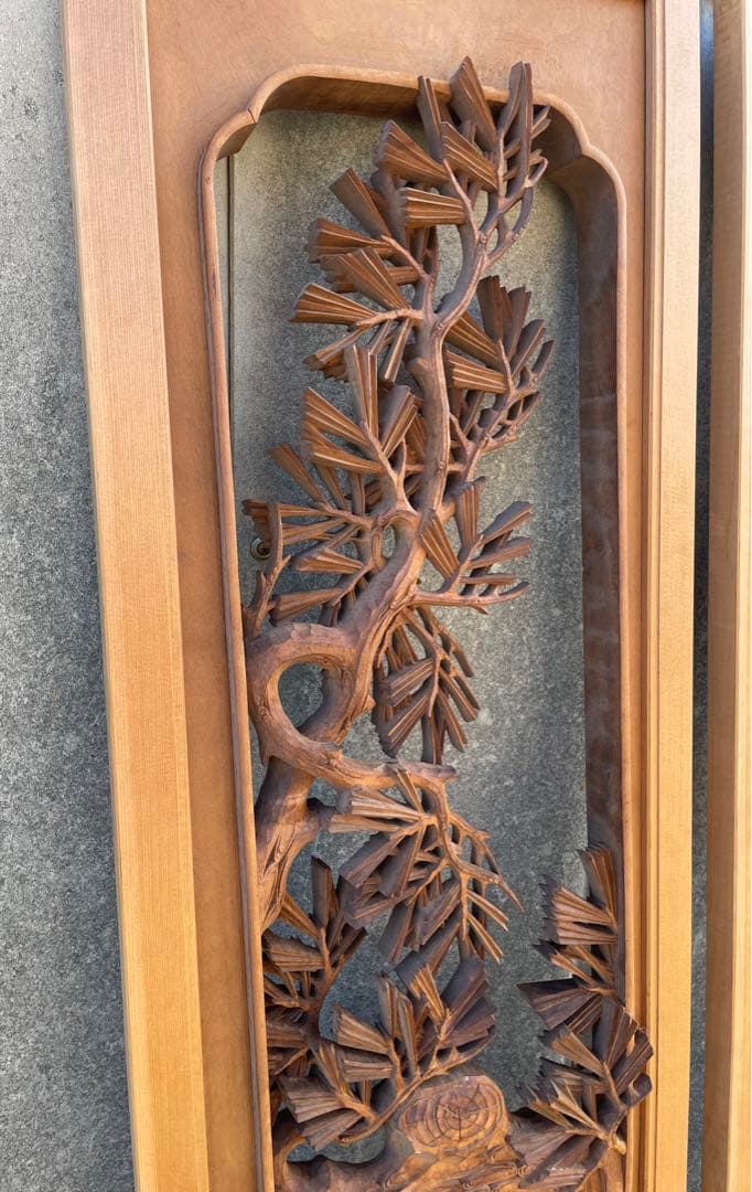 稀少/井波彫刻/栄二郎 刀/細密彫刻/両面彫刻/彫刻欄間/欄間/木彫/一対/2枚