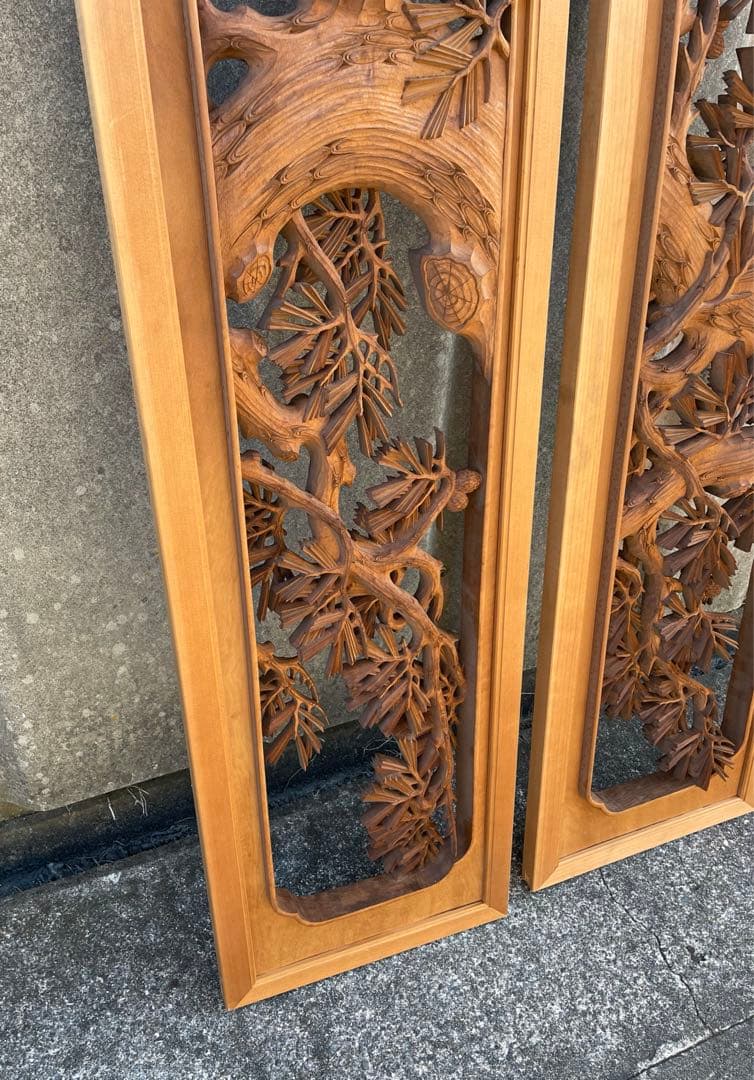 稀少/井波彫刻/栄二郎 刀/細密彫刻/両面彫刻/彫刻欄間/欄間/木彫/一対/2枚