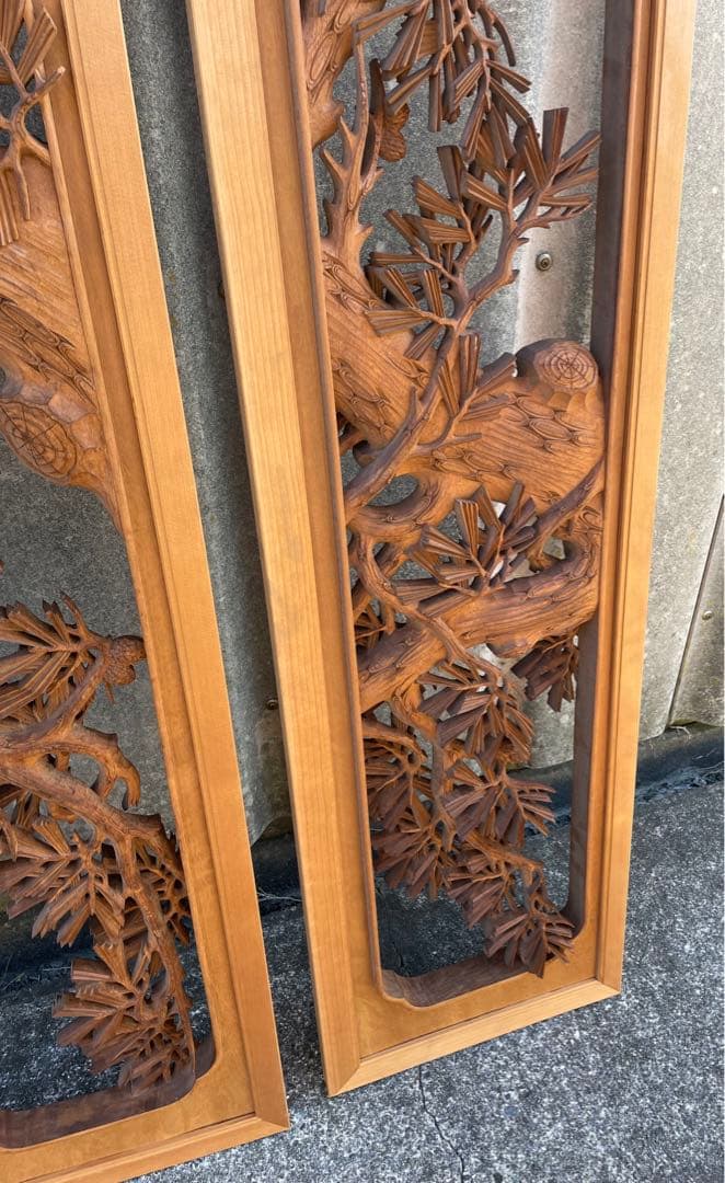 稀少/井波彫刻/栄二郎 刀/細密彫刻/両面彫刻/彫刻欄間/欄間/木彫/一対/2枚