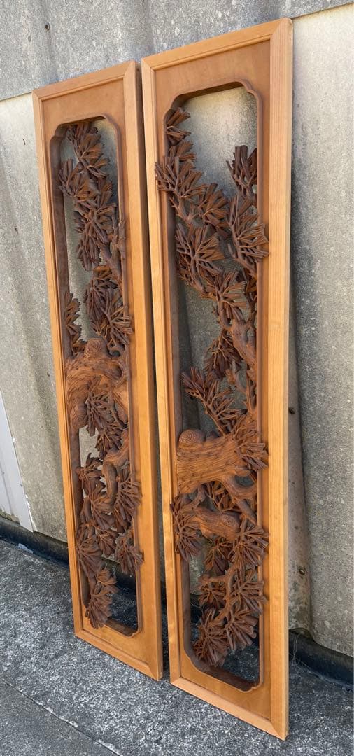 稀少/井波彫刻/栄二郎 刀/細密彫刻/両面彫刻/彫刻欄間/欄間/木彫/一対/2枚