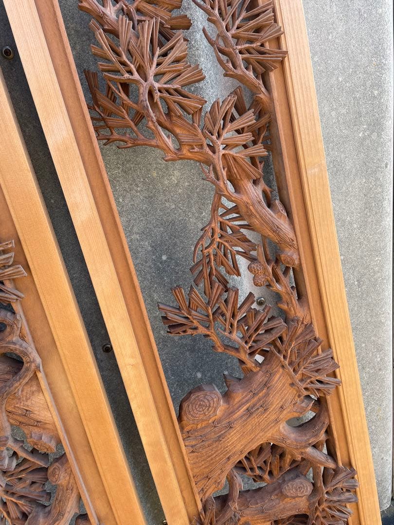 稀少/井波彫刻/栄二郎 刀/細密彫刻/両面彫刻/彫刻欄間/欄間/木彫/一対/2枚