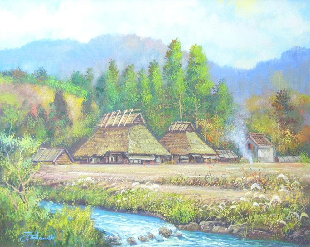 絵画 油絵 竹内敏彦 肉筆油絵 風景画 晩秋の民家 F12