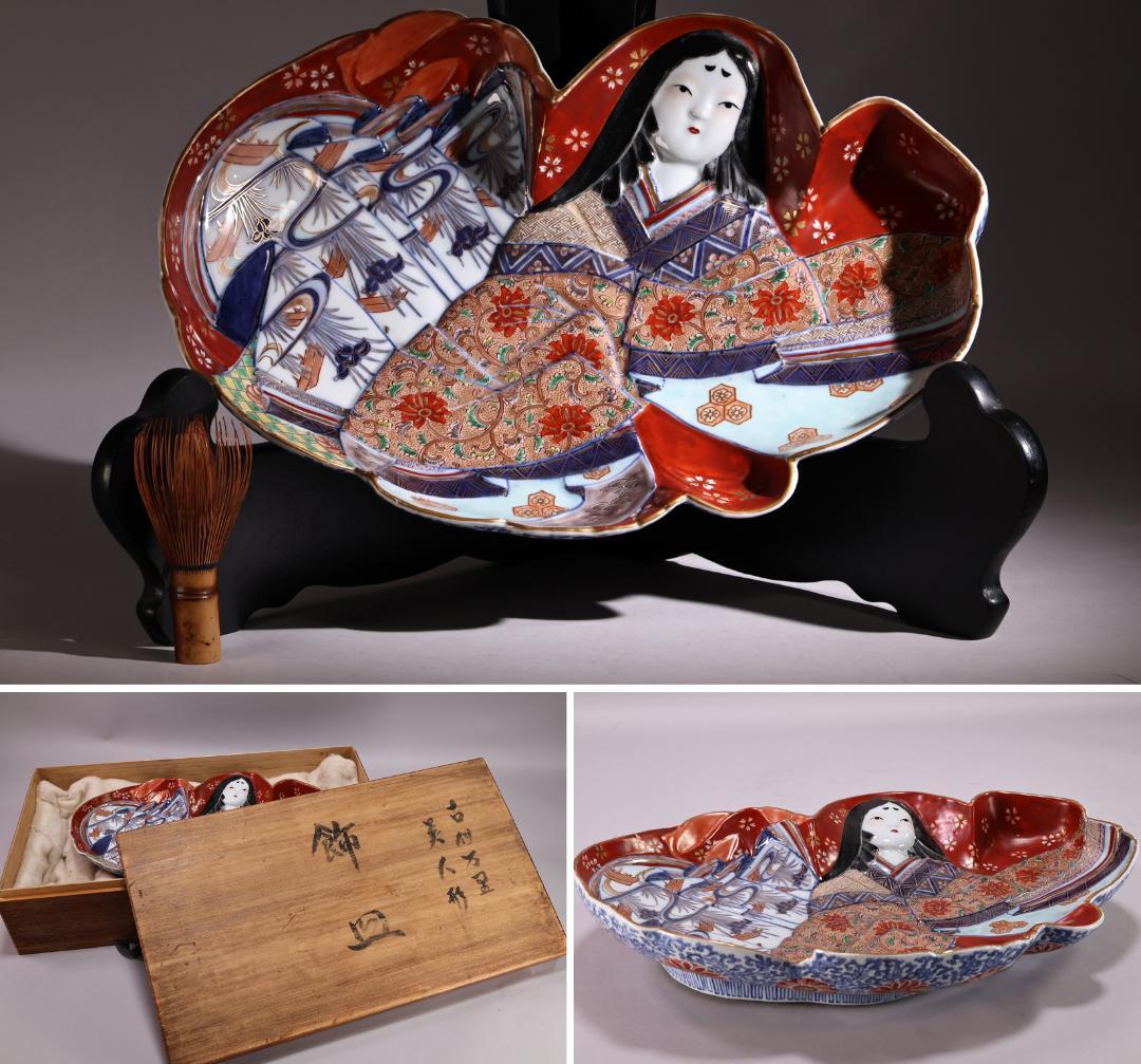 江戸中期　古伊万里　美人形　飾皿　変形皿　色絵金彩　巾40.5㎝ BJ201