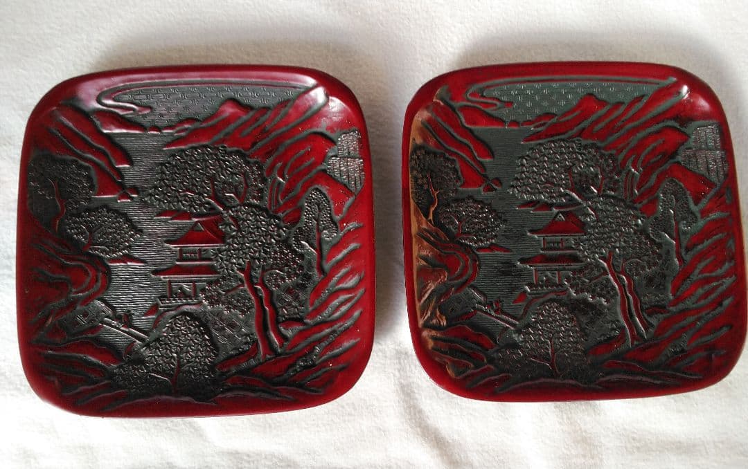 本漆塗り 堆朱日光彫り【昭和天皇へ作品献上者の作品】堆朱・銘々皿・茶托