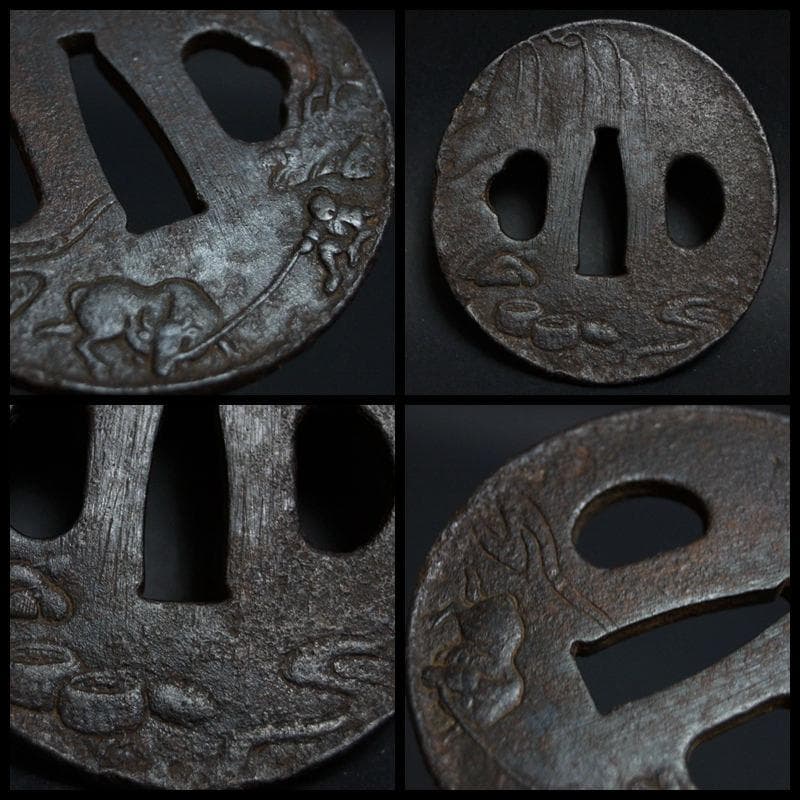 江戸期 古鍔 鉄製 金工細工『人物物語文』鍔 / 刀装具☆時代物☆