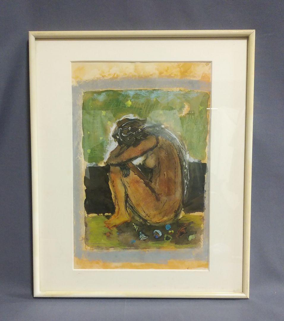 【鈴木 清 水彩画 風景画 】貝殻のある夜の海辺